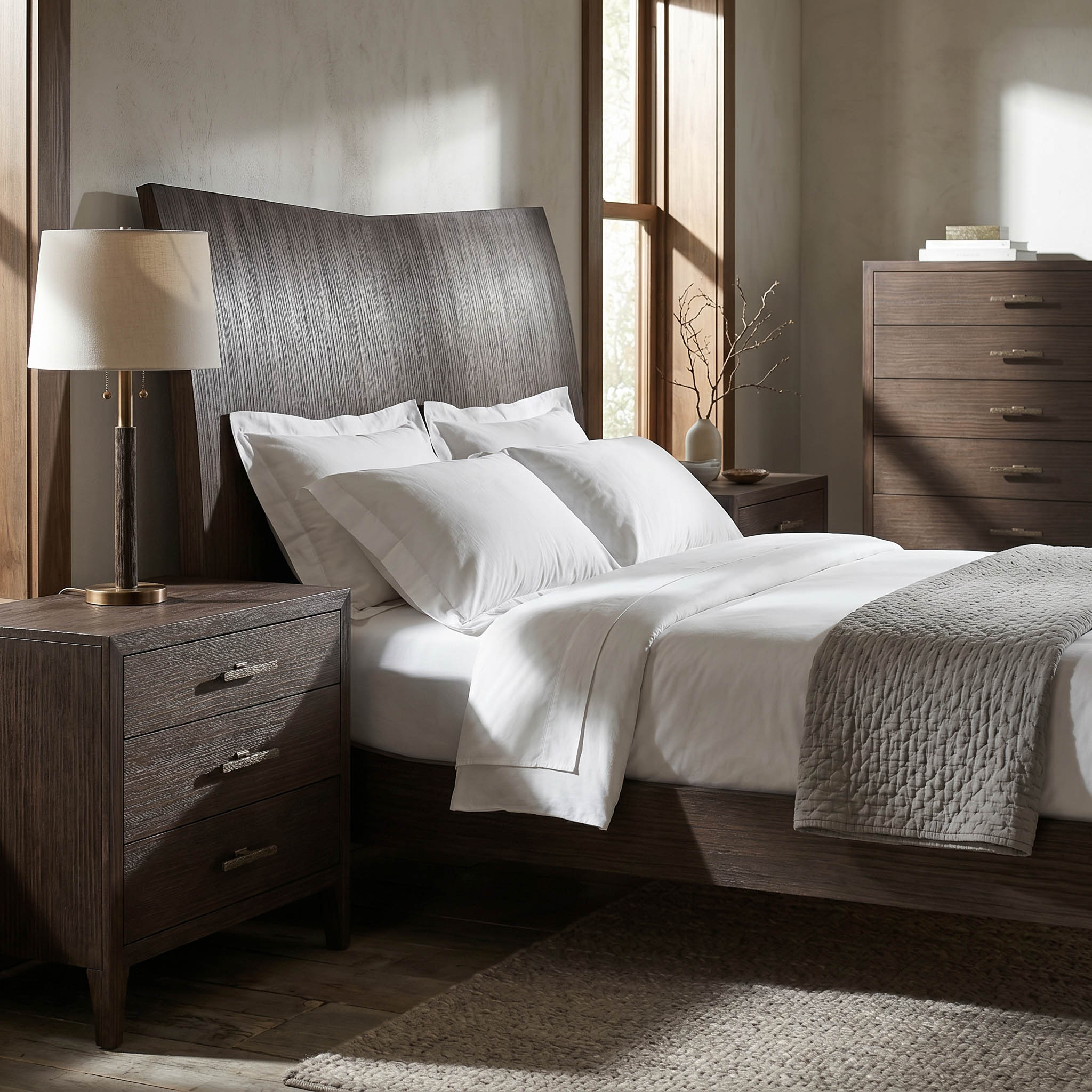 A bedroom composed in smoked oak with tailored linens