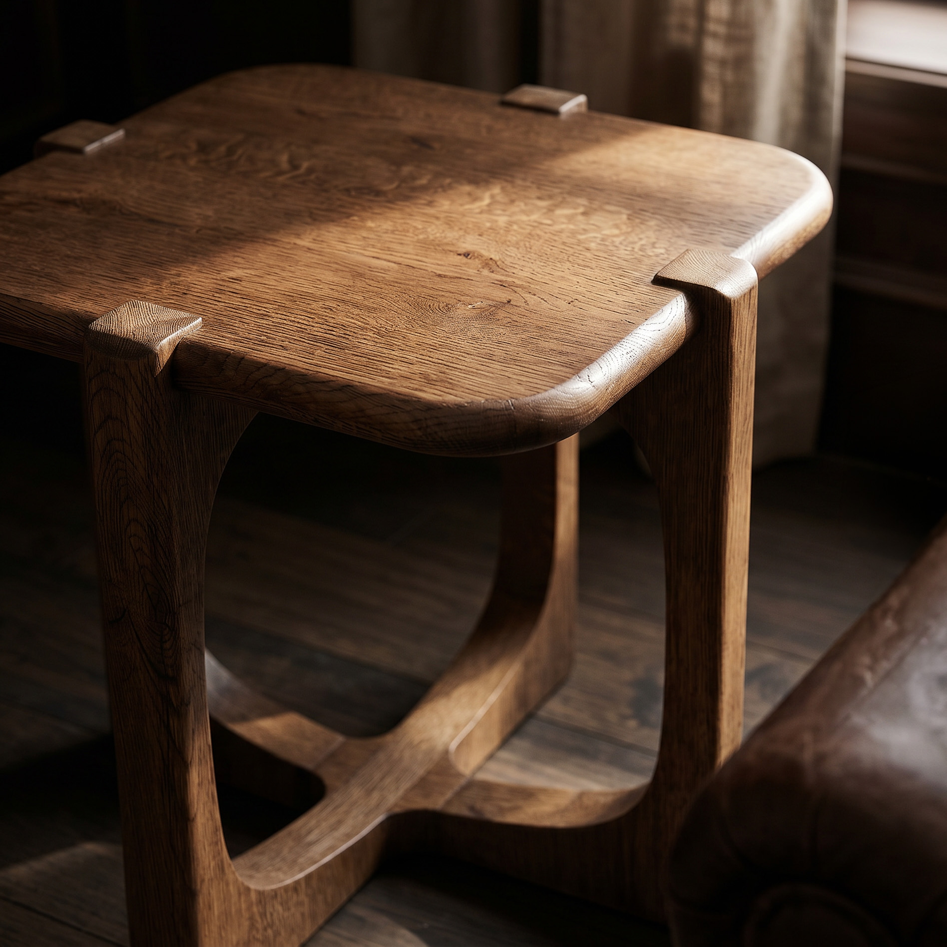 A close detail of a hand-finished oak table