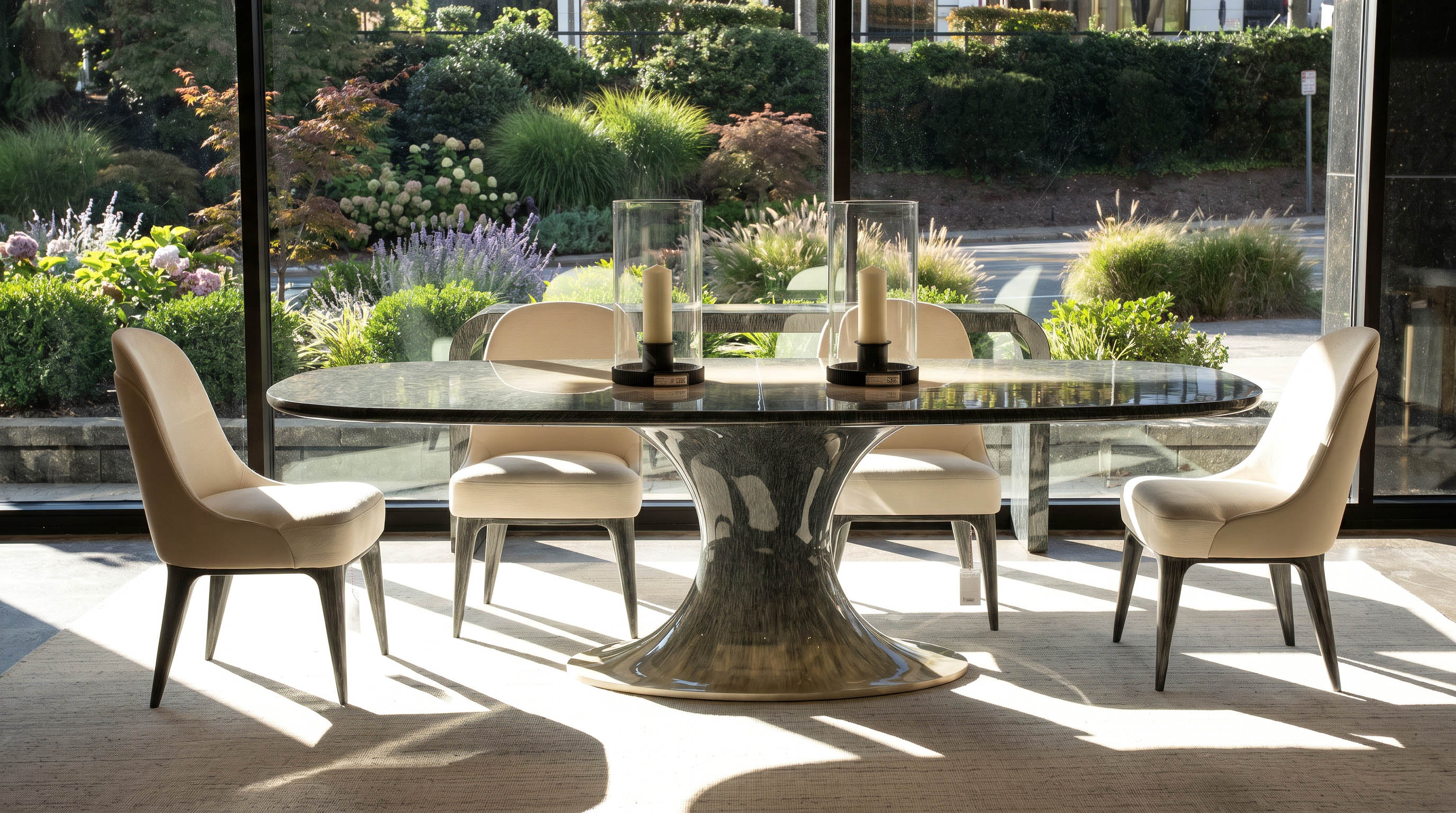 A light-filled dining setting with crafted furniture
